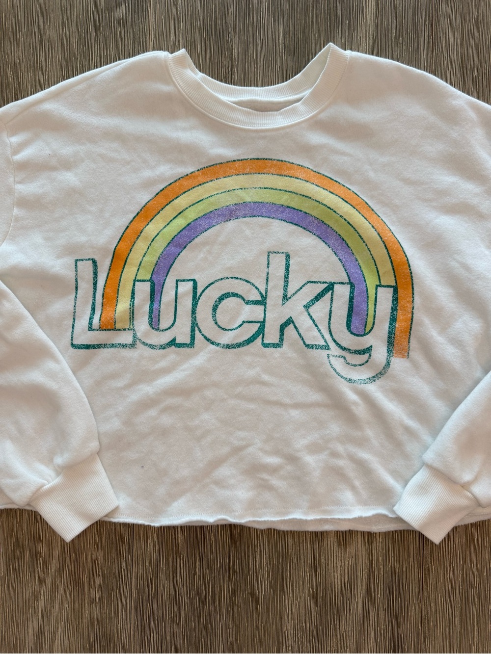 Grayson Threads White Rainbow Lucky Raw Hem Cropped Sweatshirt XS